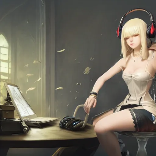 Image similar to a blonde miqo'te sitting in front of a computer wearing headphones, in the style of greg rutkowski, fantasy, amazing detail, epic, elegant, smooth, sharp focus