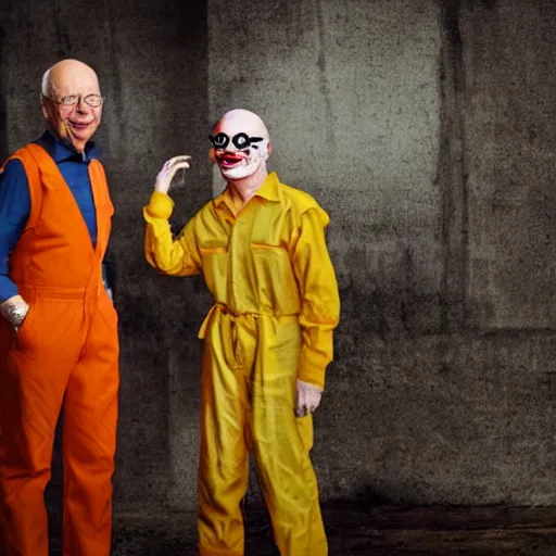 Image similar to UHD candid photo of Klaus Schwab wearing an orange jumpsuit, in shackles, wearing extremely accurate clown makeup, accurate face, UHD, photorealistic, correct face, photo by Annie Leibowitz