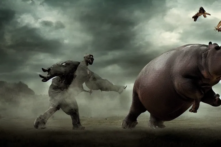 Prompt: hippo with eagle wings fighting zombies, cinematic, dramatic lighting