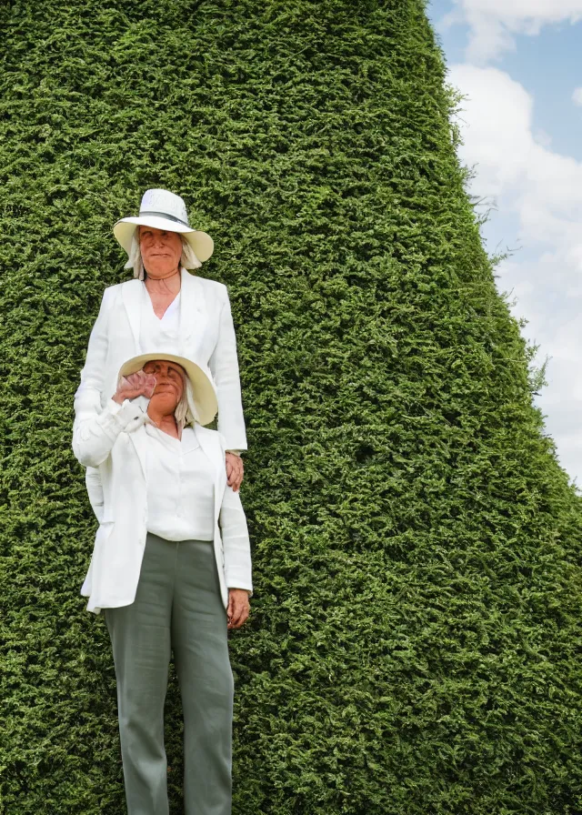 Prompt: photo of a woman in her fifties wearing a white linen trouser suit and panama hat, standing in a grassy hedge maze, 8 5 mm f / 1. 8, bokeh, backlit