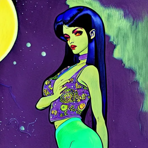 Prompt: girl, longest black hair, blue latex pants, purple croptop, two moons, acid green background. highly detailed, digital painting, watercolor, engraving, artstation, concept art, smooth, sharp focus, vivid grunge, manga, illustration, unreal engine 5, art by bilibin and kilian eng and kuvshinov and malevich and mucha