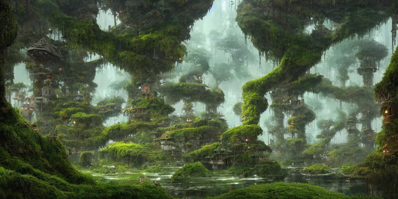 Prompt: a beautiful concept art of floating buildings and infrastructure overgrown moss, made of tree and fantasy valley, by alejandro burdisio and ghibli
