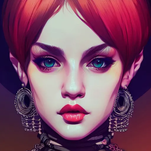 Image similar to a portrait of a beautiful punkrock gypsy, art by ilya kuvshinov and wlop and artgerm and josan gonzalez, digital art, highly detailed, intricate, sharp focus, trending on artstation hq, deviantart, pinterest, unreal engine 5, 4 k uhd image