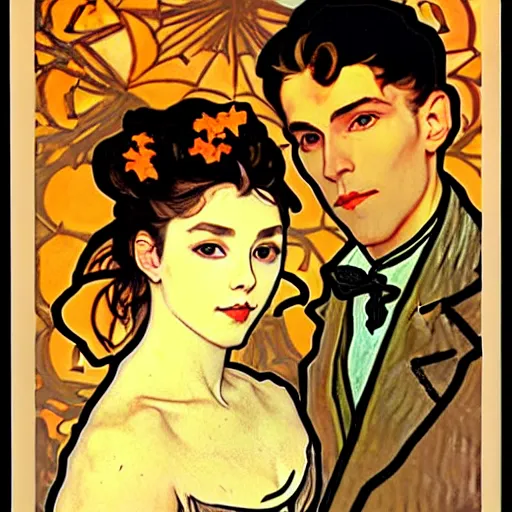 Image similar to painting of handsome young beautiful jeff and gorgeous rina together at the jack o'lantern halloween party, elegant, soft features, delicate facial features, clear, painting, stylized, art, art by alphonse mucha, vincent van gogh, egon schiele,