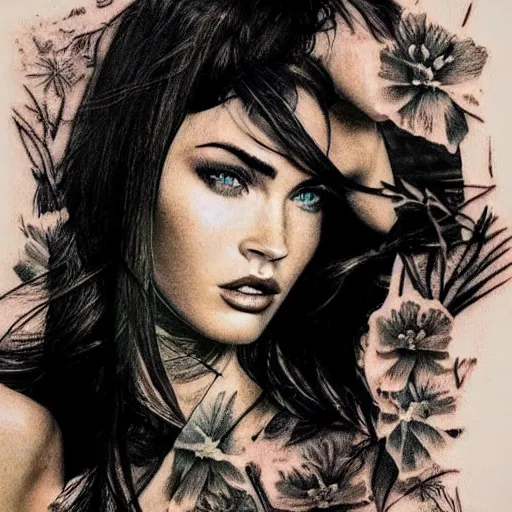 Image similar to double exposure effect tattoo design sketch of megan fox with beautiful mountain scenery, hyper - realistic, in the style of den yakovelev, amazing detail, sharp