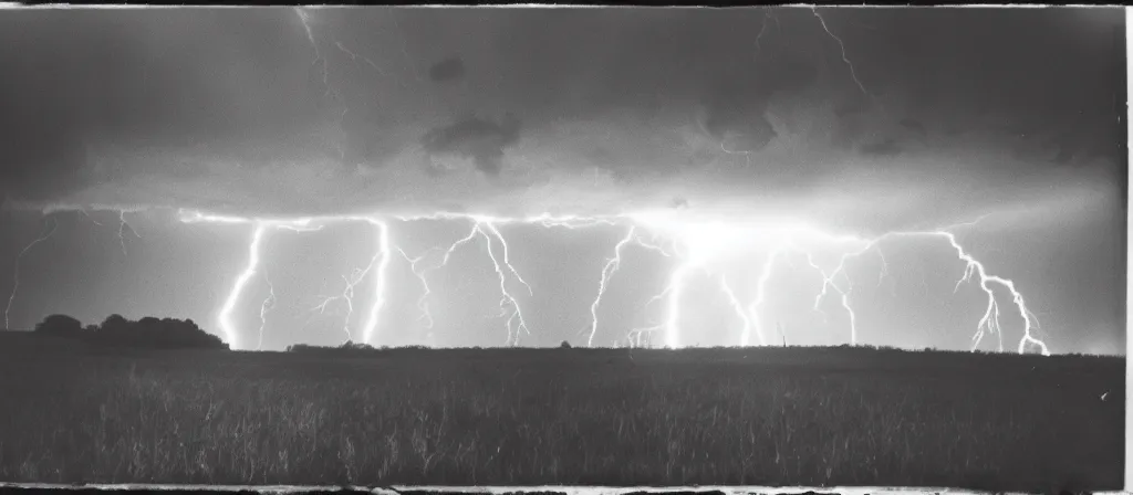 Image similar to 1 3 mm film photograph of a mutated bubbling gurgling being in a field, liminal, dark, thunderstorm lightning, dark, flash on, blurry, grainy, unsettling