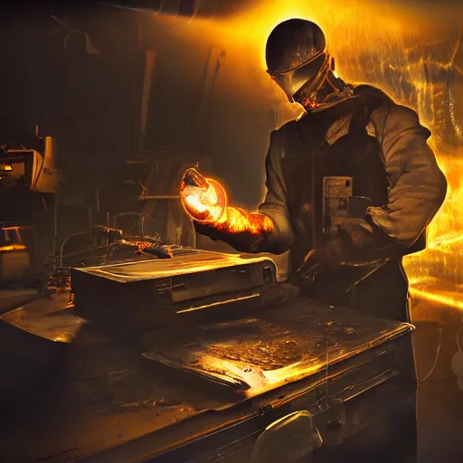 Image similar to cyborg toaster oven repairman, dark messy smoke - filled cluttered workshop, dark, dramatic lighting, orange tint, sparks, plasma rays, cinematic, highly detailed, sci - fi, futuristic, movie still