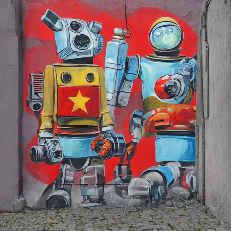 Image similar to Street-art painting of Soviet robot in style of retro futurism, photorealism