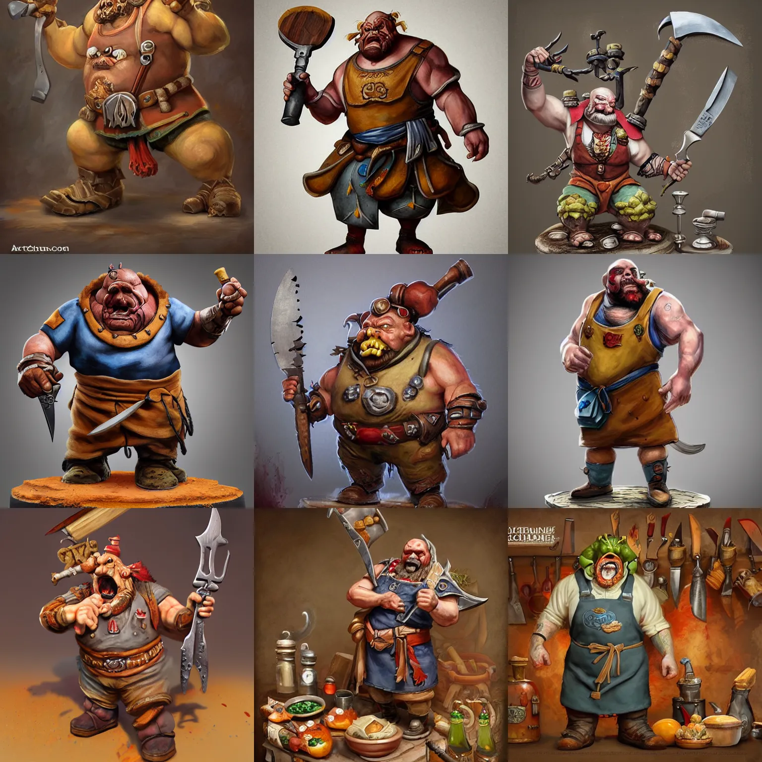 Prompt: orkchef in an apron, he has big knives on his belt, bottles of spices, in the style of Justin Gerard and alexandre deboine, highly detailed, trending on artstation, award winning, painted warhammer miniature