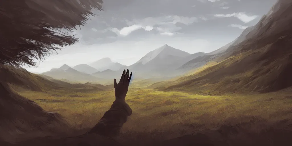 Image similar to calm landscape with hands crawling out of the ground, plains in the center, mountains in the background, highly detailed, digital painting, artstation, concept art, smooth, sharp focus, illustration