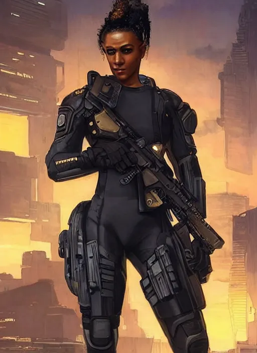 Image similar to Sgt. Maria igbo. Strong cyberpunk female USN marine wearing a military vest and powerful military cyberpunk exo-suit (cyberpunk 2077, bladerunner 2049). gorgeous face. Iranian orientalist portrait by john william waterhouse and Edwin Longsden Long and Theodore Ralli and Nasreddine Dinet, oil on canvas. Cinematic, hyper realism, realistic proportions, dramatic lighting, high detail 4k