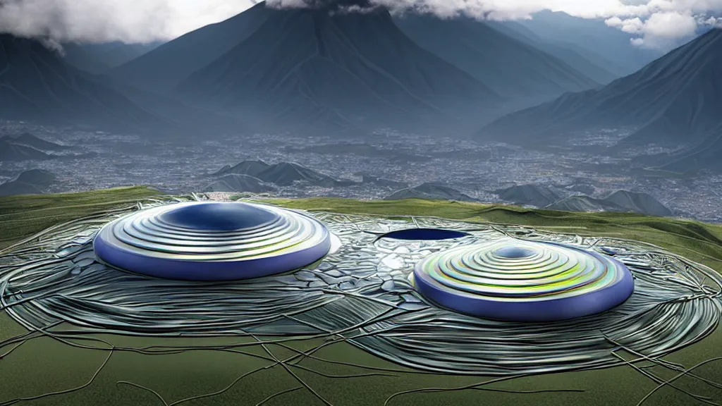 Image similar to Epic Giant Nuclear Reactor over the mountain valley of Quito, Ecuador; by Oswaldo Moncayo and Vincent Callebaut; Art Direction by James Cameron;