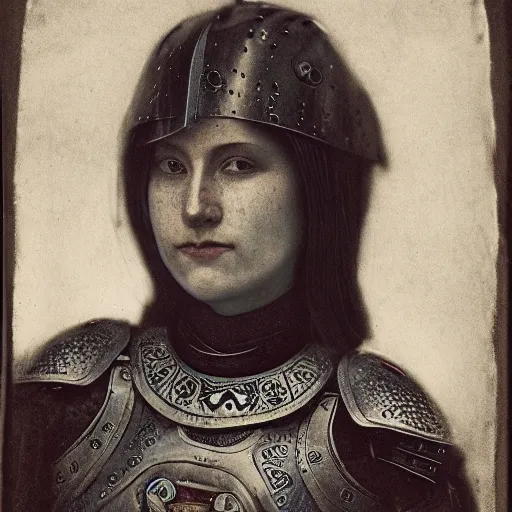 Prompt: head and shoulders portrait of a female knight, inuk, lorica segmentata, cuirass, tonalist, symbolist, realistic, ambrotype, baroque, detailed, modeled lighting, vignetting, indigo and venetian red, angular, smiling, raven