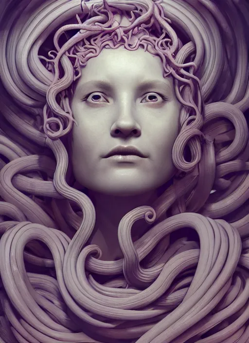 Prompt: medusa made of soft white wax, wooden art nouveau swirls, strong subsurface scattering, cables, tubes, subsurface scattering, in the style of ruan jia and beeple and giger, subsurface scattering, mystical colors, soft look, rim light, dramatic lighting, 8 k, stunning scene, raytracing, octane render, trending on artstation