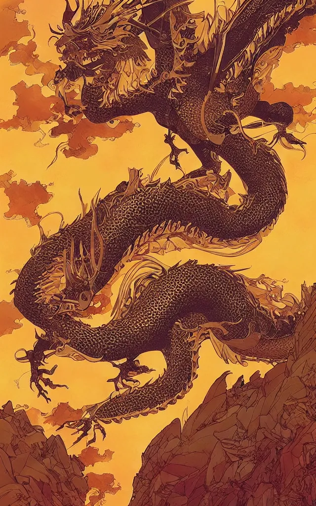 Prompt: the golden dragon ， by victo ngai, andreas rocha, john harris and feng zhu and loish and laurie greasley,