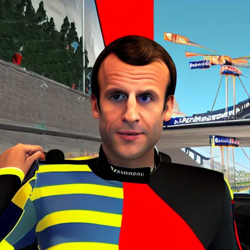 Prompt: Emmanuel Macron in Trackmania (2010)