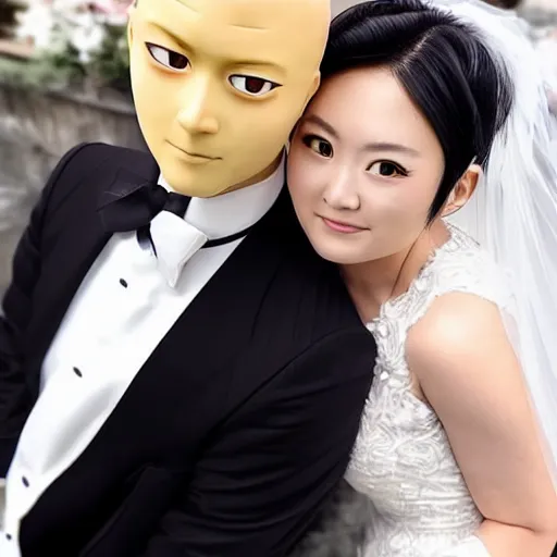 Image similar to saitama one punch man instagram couple's wedding photo shoot, closeup photo