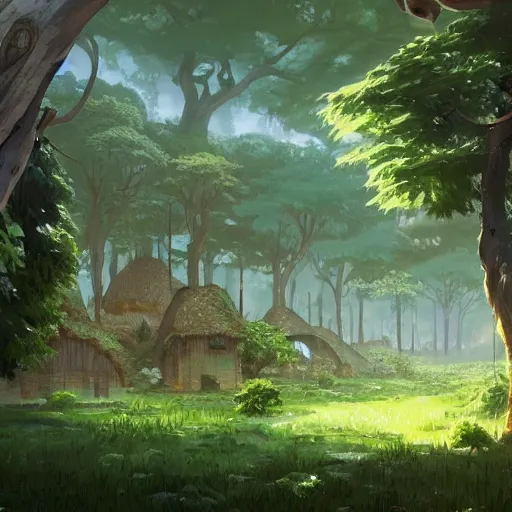 Image similar to concept art painting of a forest with houses made of trees and roots, houses inside trees, vines, deep forest, realistic, detailed, cel shaded, in the style of makoto shinkai and greg rutkowski and james gurney