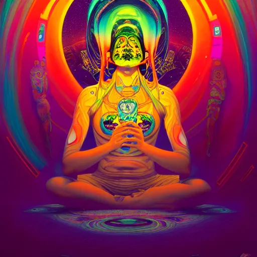 Prompt: An extremely psychedelic experience, colorful, surreal, dramatic lighting, cosmonaut, LSD, cyberpunk Tibetan bodhisattva, detailed, intricate, elegant, highly detailed, digital painting, art nouveau, tarot, artstation, concept art, smooth, sharp focus, illustration, art by Sam spratt, dan mumford, Artem Demura and alphonse mucha