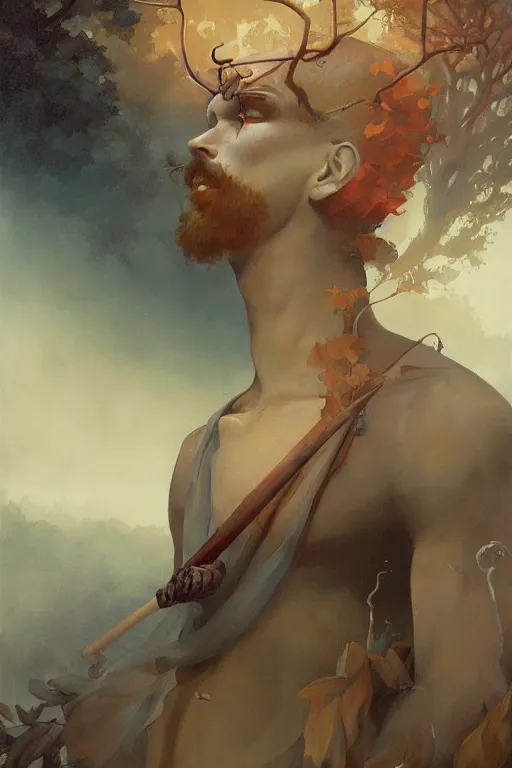 Image similar to a portrait tableau of the prince of autumn, by peter mohrbacher and thomas cooper gotch