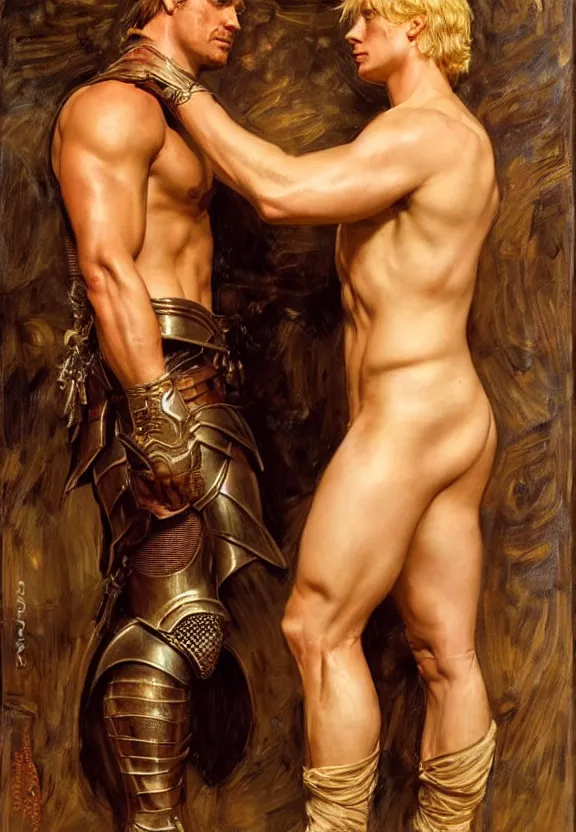 Prompt: attractive handsome muscly jaime lannister confesses his love for attractive fully armored brienne of tarth. highly detailed painting by gaston bussiere and j. c. leyendecker 8 k