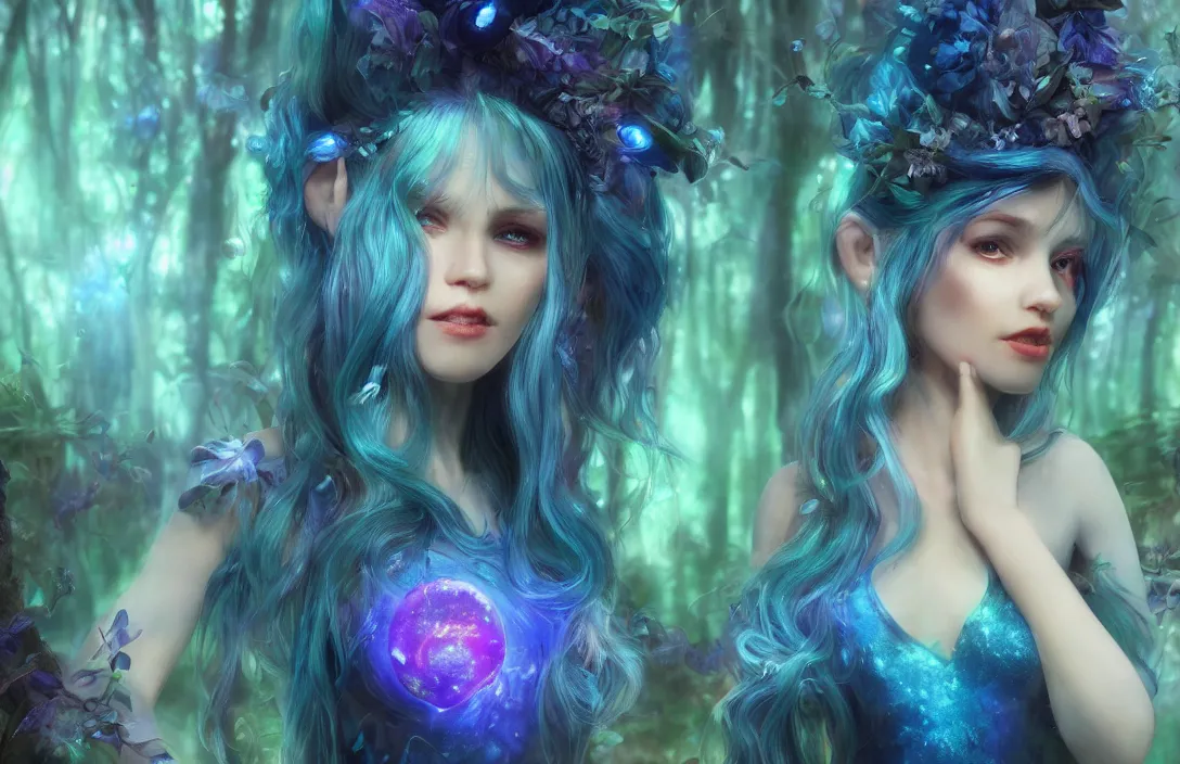 Image similar to beautiful fairie girl with flowing blue hair ( accurate facial details ) ( accurate body details ), walking through a bioluminescent magical forest, magical, dreamy, cinematic lighting, beautiful lighting, hyperdetailed 4 k artstation