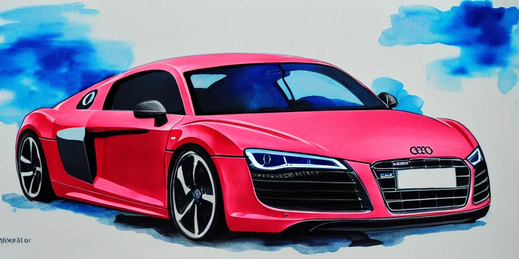 Image similar to audi r 8 water color painting, rtx, raytracing, 8 k, highly detailed, soft colors,