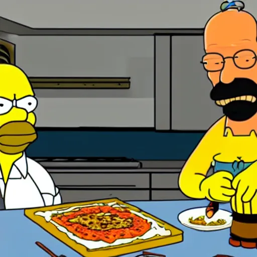 Prompt: walter White and Homer Simpson cooking pizza in the desert with a blowtorch