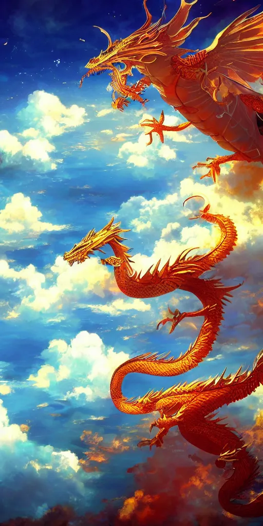 Prompt: golden paper + an intricate dragon hide in the clouds depiction + elaborate red illustration by makoto shinkai, wu daozi, very detailed, deviantart, 8 k vertical wallpaper, tropical, colorful, airy, anime illustration, anime nature wallpap