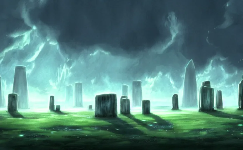Image similar to a realistic and atmospheric cell - shaded concept art from howl's moving castle ( 2 0 0 4 ) of a futurist sci - fi city that looks like stonehenge in a flooded rainforest. it is a misty starry night. very dull muted colors, hd, 4 k, hq