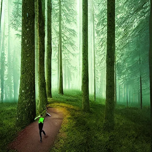 Prompt: athletic guy runs through a forest with tall trees, acid-green sneakers, a photo from the back, perspective, art by Filip Hodas