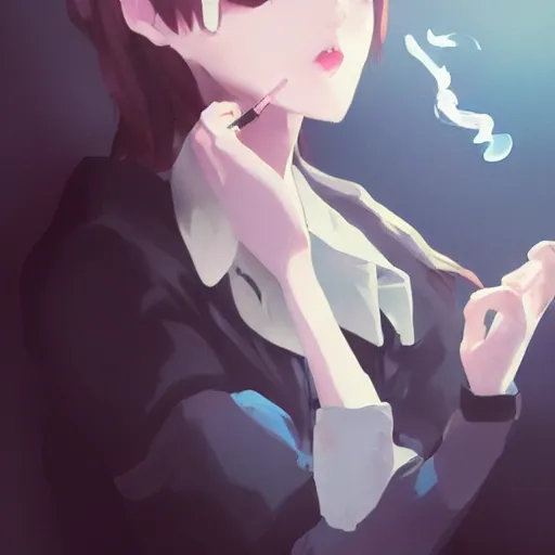 Image similar to girl smoking a cigarette by krenz cushart stu dts yoshiku wlop, elegant, cute, white smoke, cinematic lighting, back lit, chromatic aberration, white smoke, trending on ArtStation Pixiv