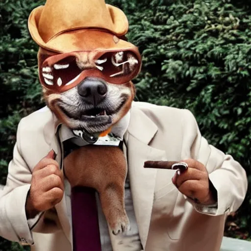 Prompt: A dog dressed as a mob boss smokes a cigar