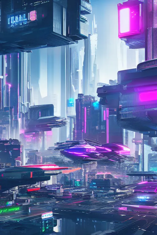 Image similar to cyberpunk city palm beach, a lot of future technologies, flying cars, unreal engine, octane render, epic scale, cinema view, 8 k