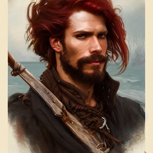 Image similar to portrait of a young ruggedly handsome but charming pirate, male, masculine, upper body, red hair, long hair, d & d, fantasy, intricate, elegant, highly detailed, digital painting, artstation, concept art, matte, sharp focus, illustration, art by artgerm and greg rutkowski and alphonse mucha