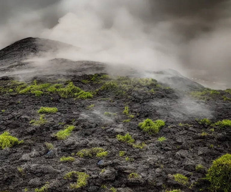 Image similar to a metallic volcano, post - apocalyptic world, green lava, steam, fog, grey skies