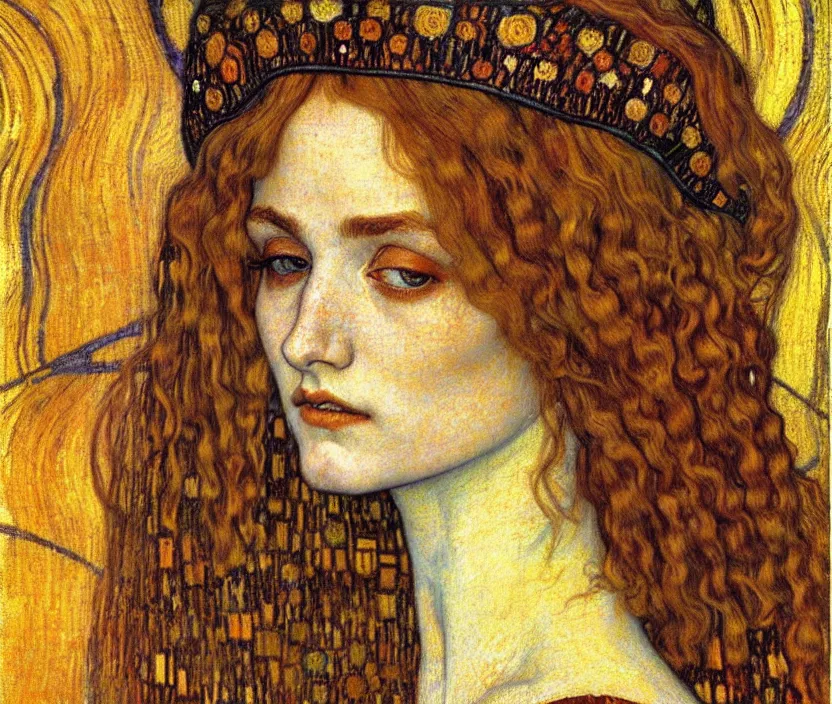 Image similar to detailed realistic beautiful young medieval queen face portrait by jean delville, gustav klimt and vincent van gogh, art nouveau, symbolist, visionary, gothic, pre - raphaelite, muted earthy colors, desaturated