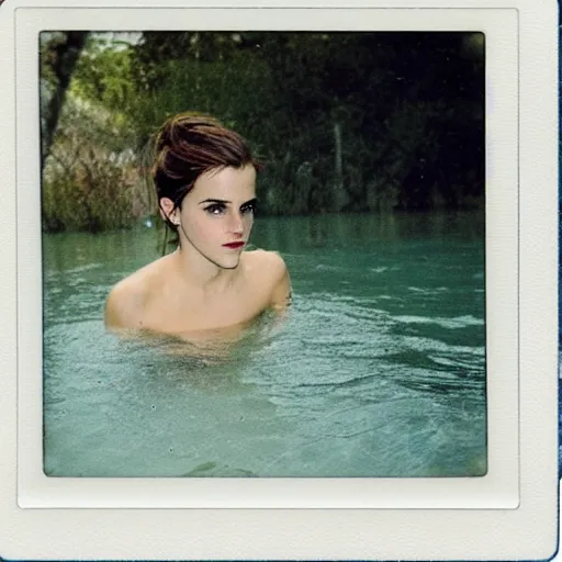Prompt: intimate polaroid photo of emma watson submerging in water