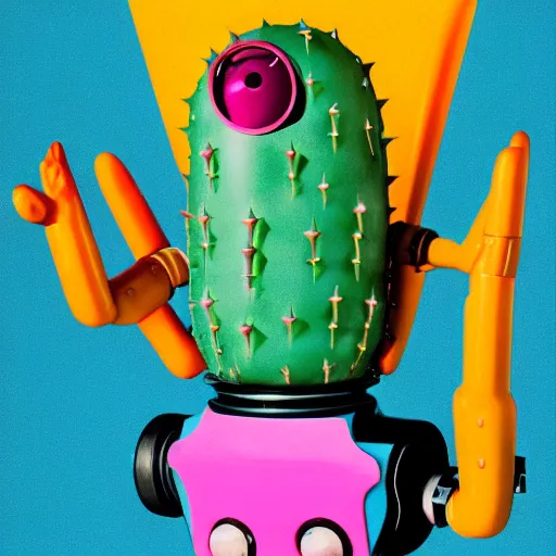 Prompt: a 1950s retro 3D Cactus robot, with space above the head. Bionic cacti Arms and eyes. subject in shot pop surrealism muted colours. pink background. by Jean-Baptiste Monge, wide shot, depth of field