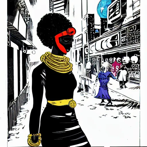 Image similar to afrofuturist woman walking down the busy street wearing gold jewelry and a goli mask, simple, cyberpunk, far shot, 1970s comic art style