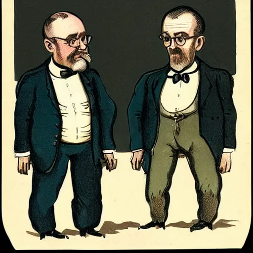 Prompt: Victorian caricature drawing of professor of chemistry Walter White and factory worker named Jesse Pinkman
