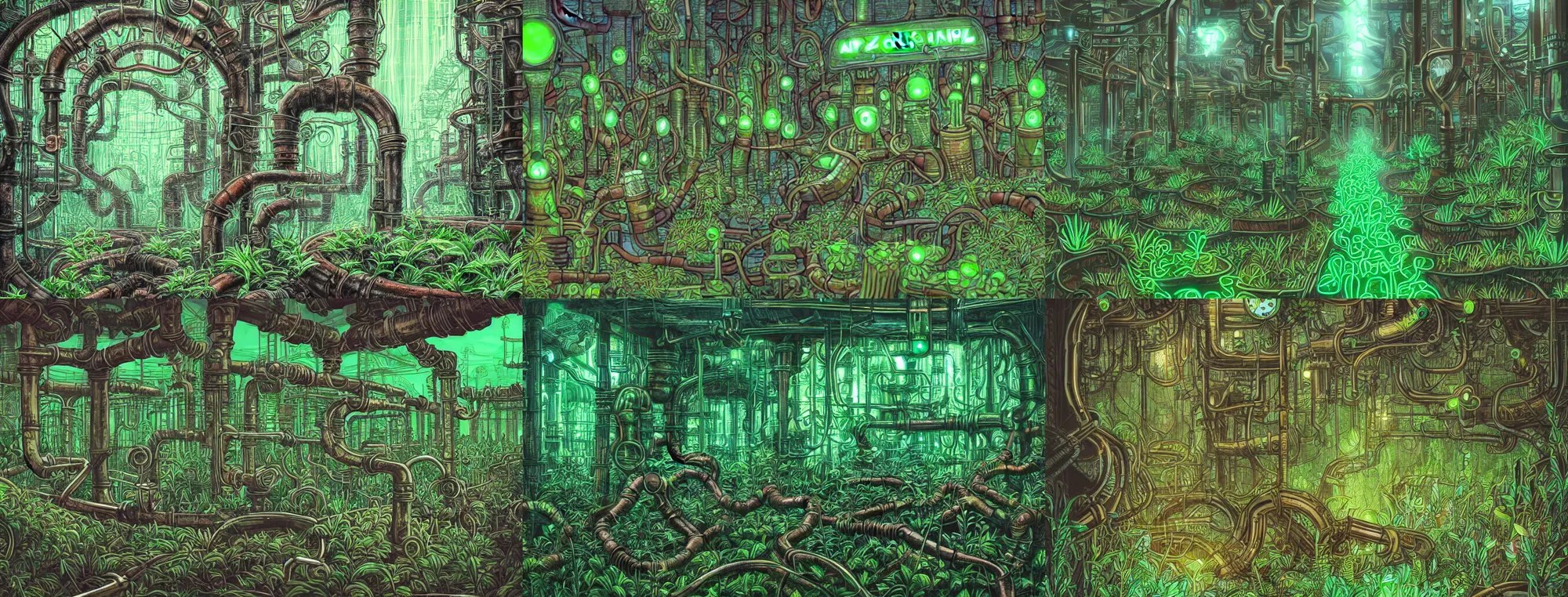 Prompt: plants growing out of old rusty pipes in an amazing maze, green neon lights, ground covered in mist, detailed steampunk illustration