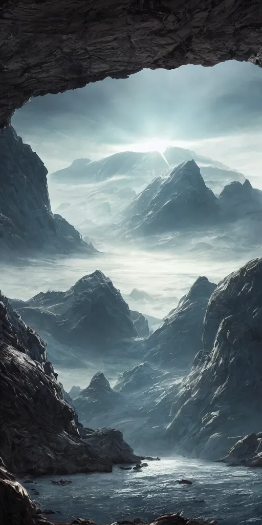 Image similar to alien environment with epic mountains and cliffs by james clyne, epic lighting, cinematographic, 8 k, award winning, ultra detailed