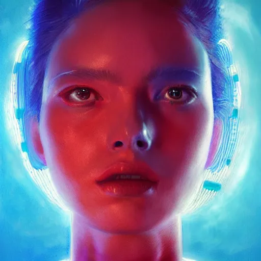 Image similar to 3 d, sci - fi, morning, sleepy fashion model face, sun, neon, cinematic, lightning clouds, vogue cover style, poster art, light red and deep blue mood, realistic painting, intricate oil painting, high detail, figurative art, multiple exposure, poster art, 3 d, by tooth wu and wlop and beeple and greg rutkowski