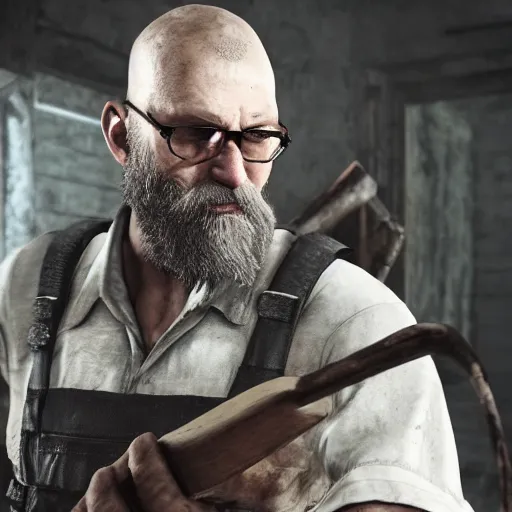 Prompt: jack baker from resident evil 7 ( 2 0 1 7 ) wielding axe, bearded, thinning hair, circular glasses, cinematic lighting, eerie atmosphere, re engine render, photorealistic face, gameplay screenshot