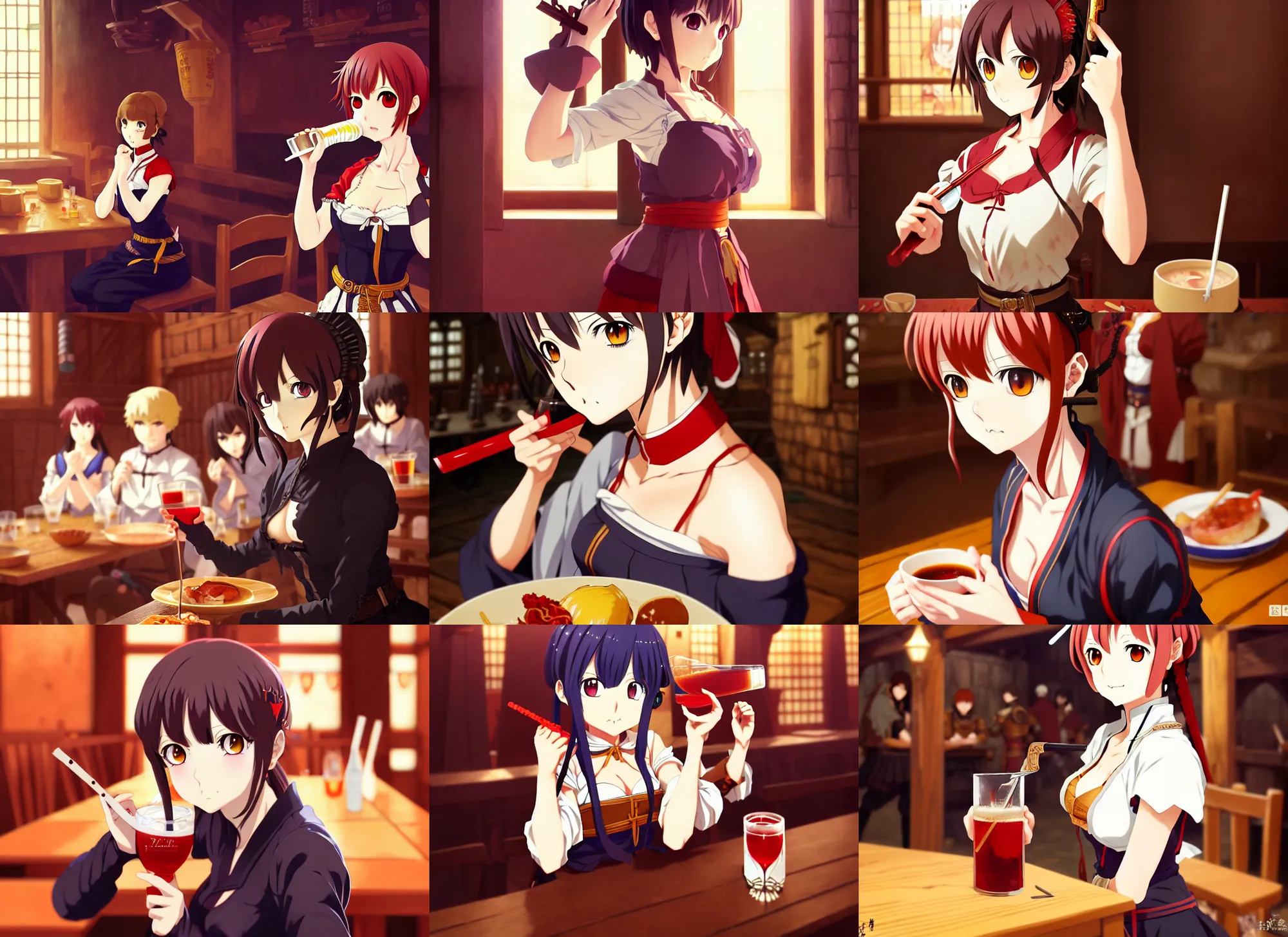 Prompt: anime visual portrait of a female warrior drinking in a busy medieval tavern interior, cute face by ilya kuvshinov, yoh yoshinari, dynamic pose, dynamic perspective, flat shading mucha, 1 8 mm lens, rounded eyes, moody, psycho pass, kyoani, paprika, anatomically correct, kawaii