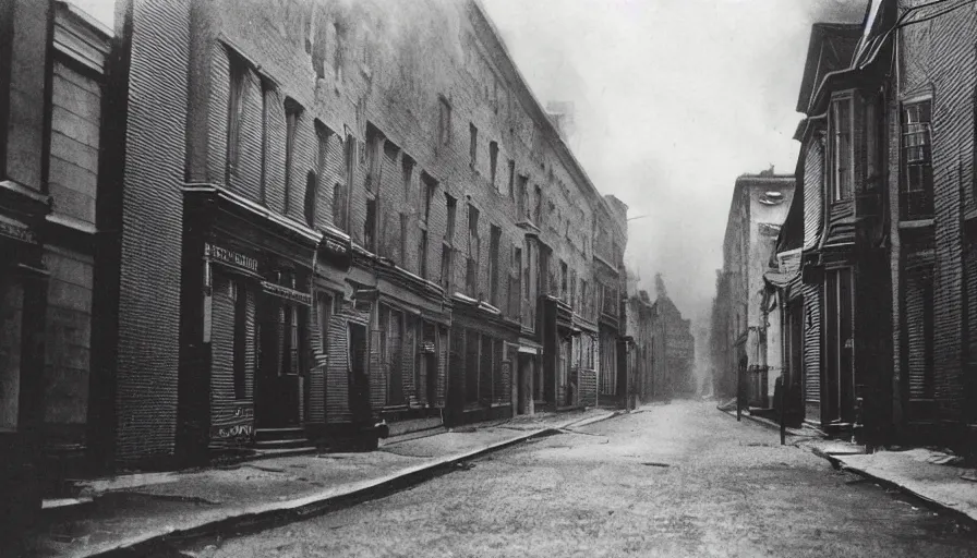 Prompt: photo of 19th century dark noir streets of Arkham by Diane Arbus and Louis Daguerre