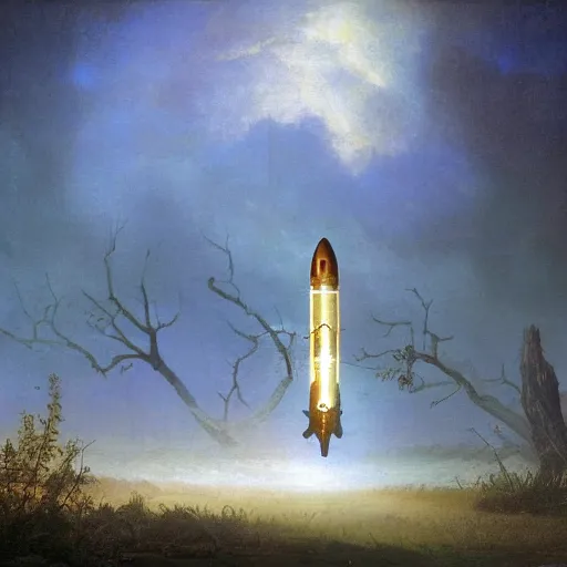 Prompt: abandoned rocketship, many thick dark knotted branches, detailed, ethereal, round clouds, dramatic lighting, rough unfinished artwork by albert bierstadt