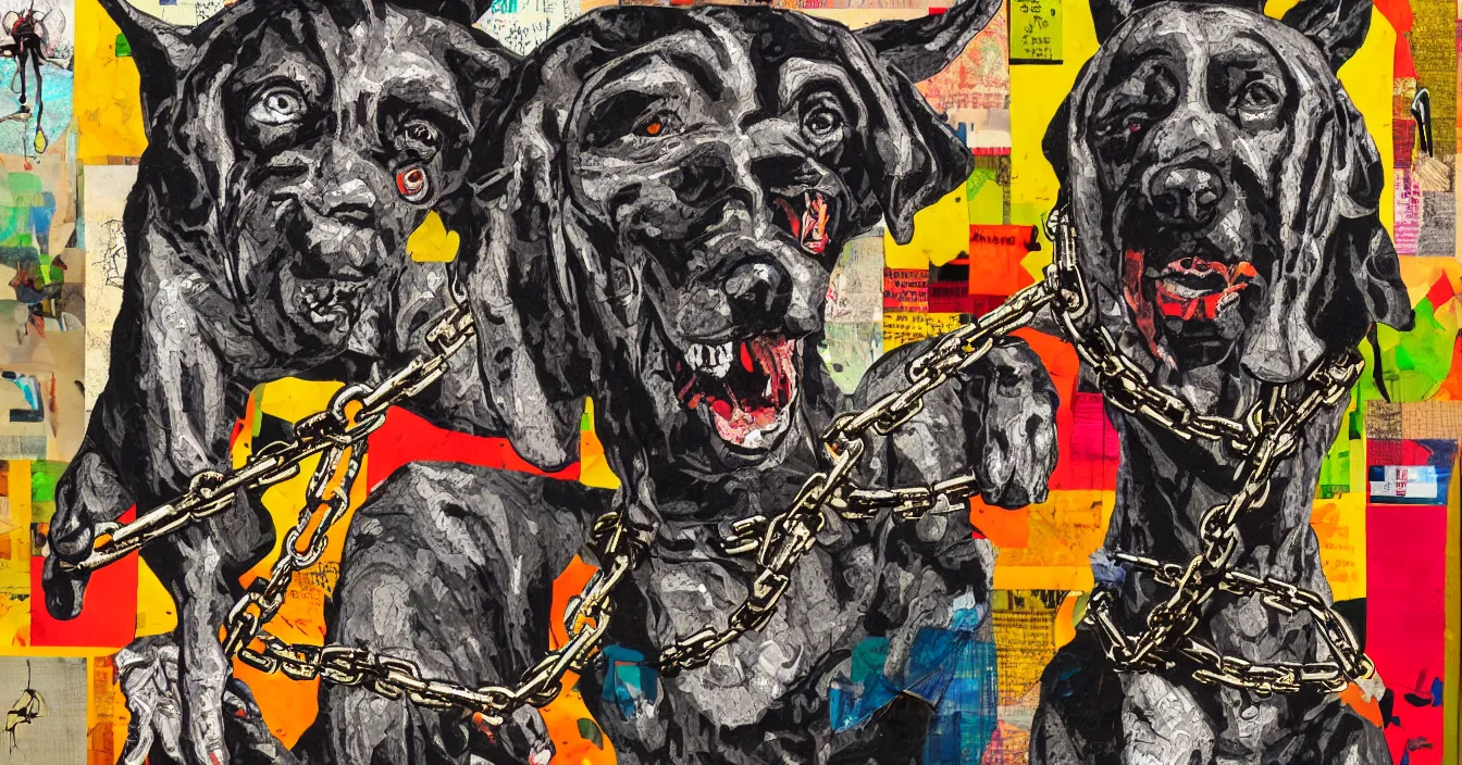 Prompt: mad dog on a chain, collage, acrylic on canvas, street style, expressionism movement, breathtaking detailed, by blake neubert