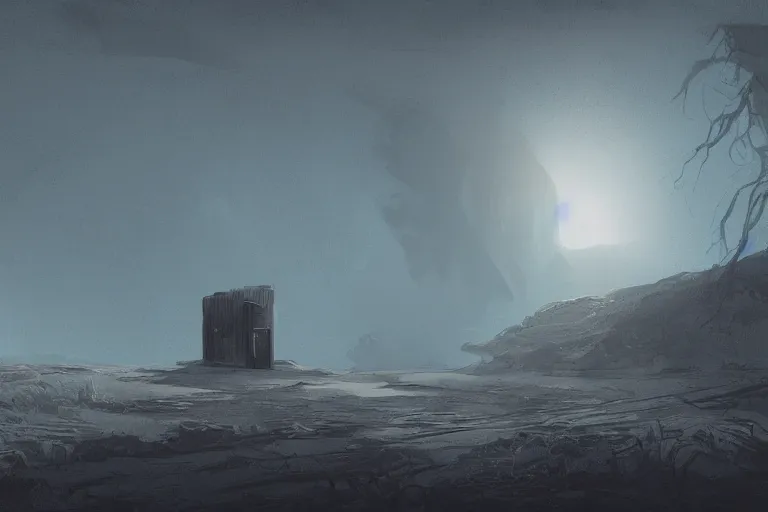 Prompt: a single distant glowing doorway opens up in an otherwise dark and desolate landscape : retrufuturistic, concept art